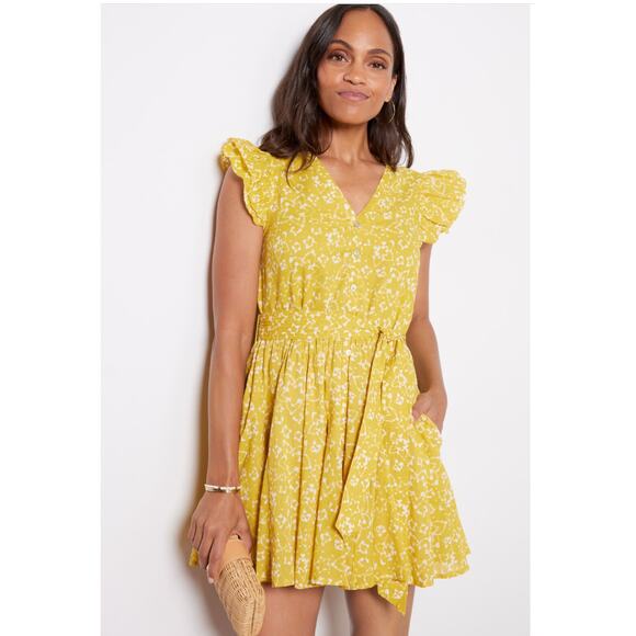 CLEOBELLA NWT Zia Organic Cotton Ruffle Tie Waist Mini Dress in Mustard // L - Picture 14 of 15